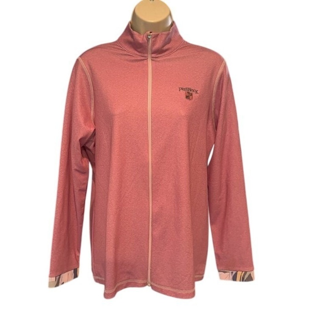 Antigua Women L Pink Full Zip Prestwick Golf Jacket Mock Neck Floral Trim